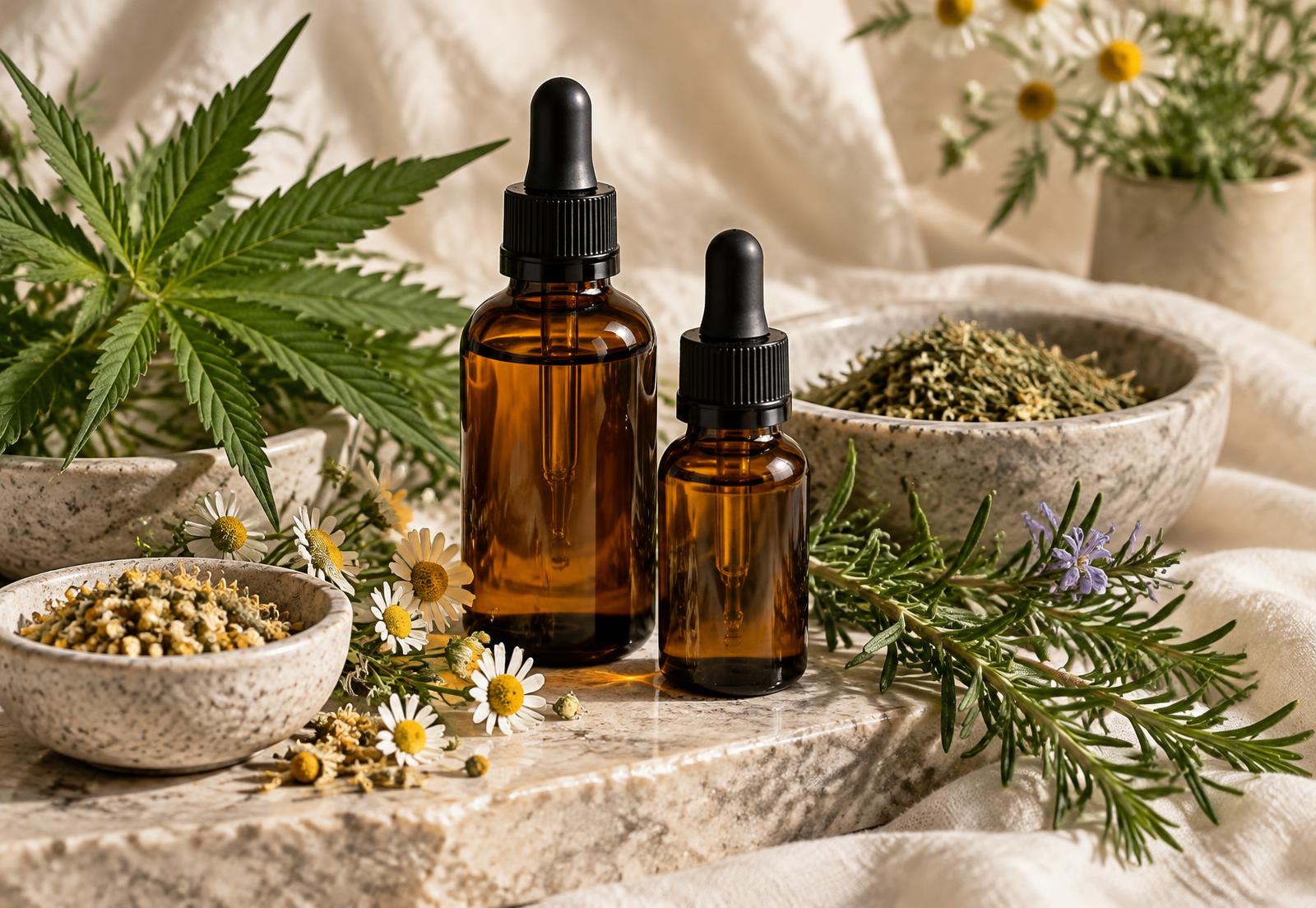 Amber tincture bottles surrounded by hemp leaves, chamomile and rosemary